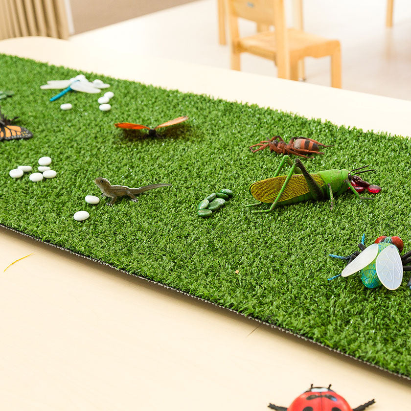 Fake bugs on fake grass at Spotted Frog Preschool